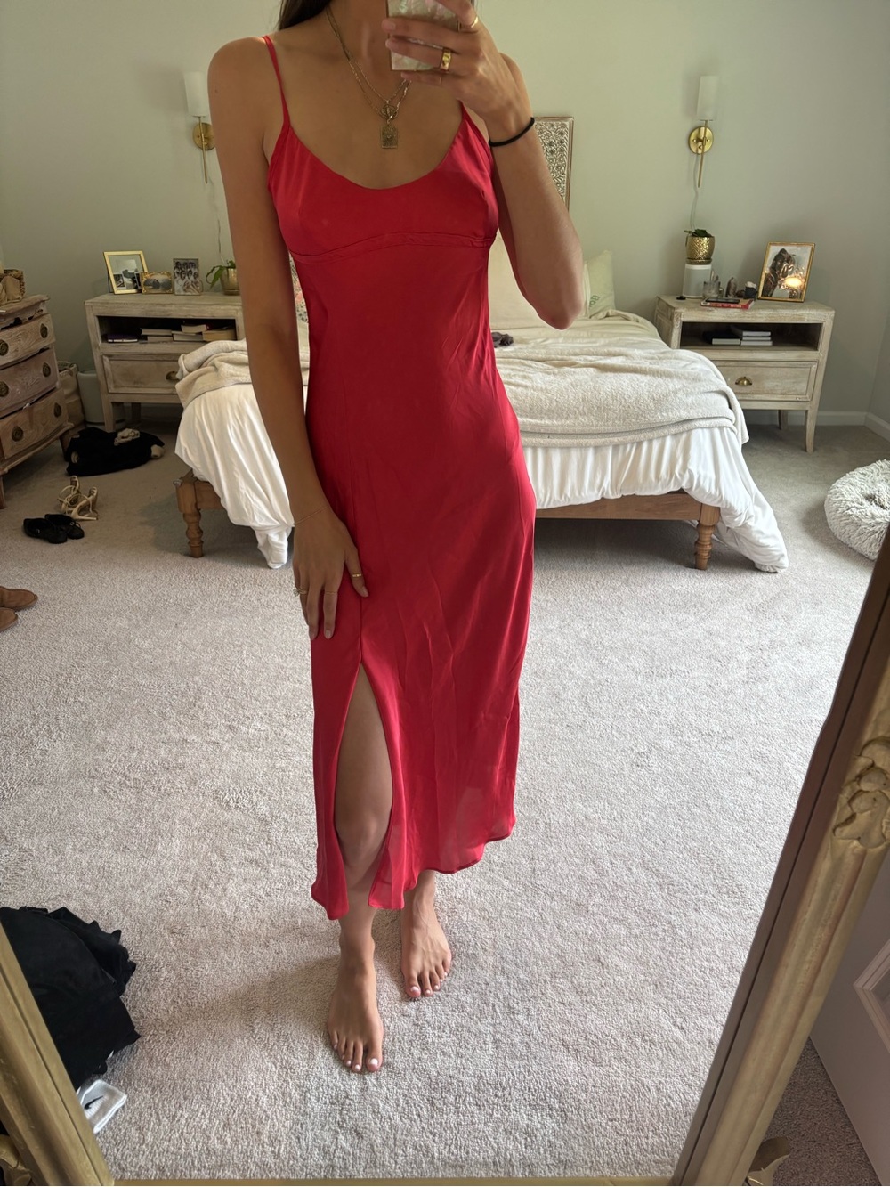 Red Midi Slip Dress with Front Slit